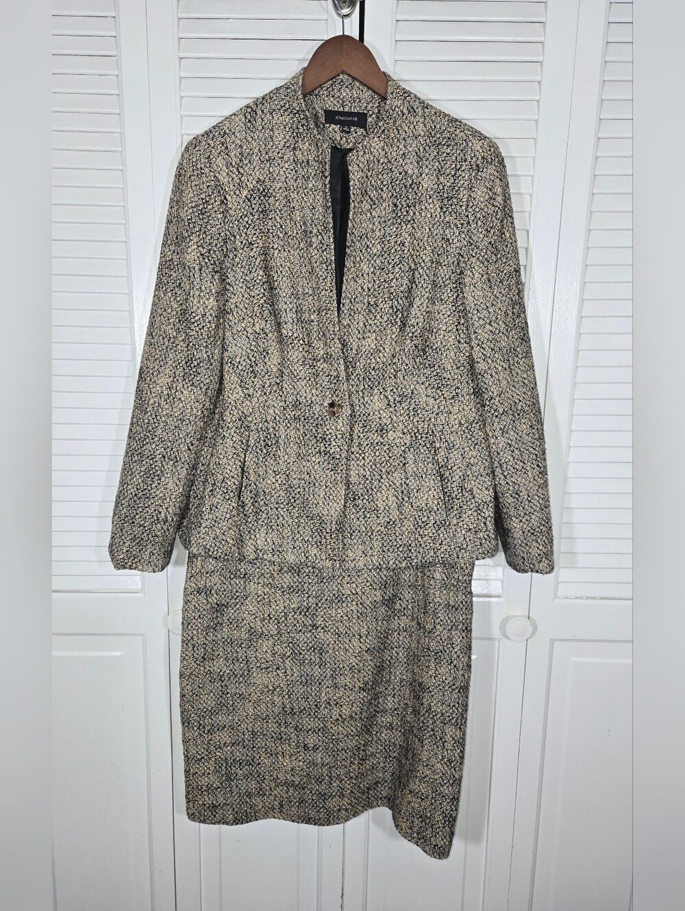 Jones Wear Beige Black Tweed 2 Piece Suit Blazer Knee Length Pencil Skirt Sz 14